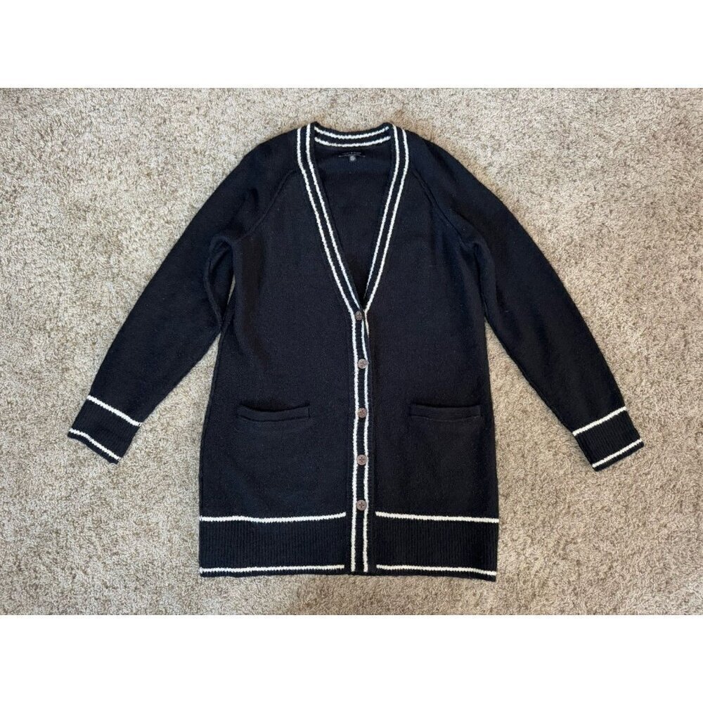 LUCKY BRAND Black Varsity-stripe Sweater Long Cardigan Coat Vneck Pockets SMALL